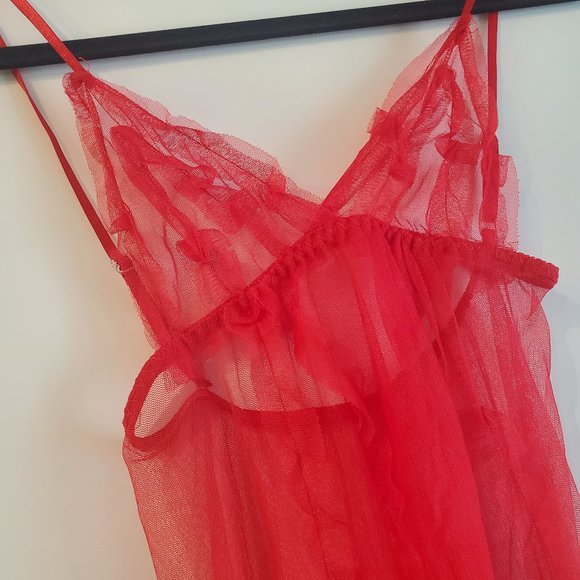 Red sheer babydoll lingerie sleepwear dress with open front slit OS - Picture 7 of 9